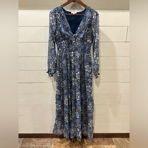 Patrons of Peace Floral Blue Long Sleeve Dress- size Small